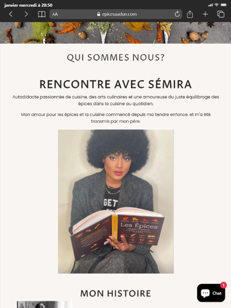 Aadun - Cas client - Projet client - Refonte de site internet e-commerce de Céline GANA, en île de France près de Paris - Extrait de la page Qui sommes-nous ? présentant a fondatrice de la marque, Sémira
