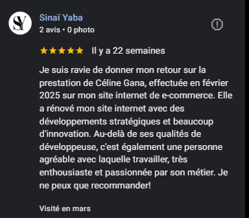 Avis cliente satisfaite - Sinaï Yaba pour la refonte de son site ecommerce Sinaï Yaba.
