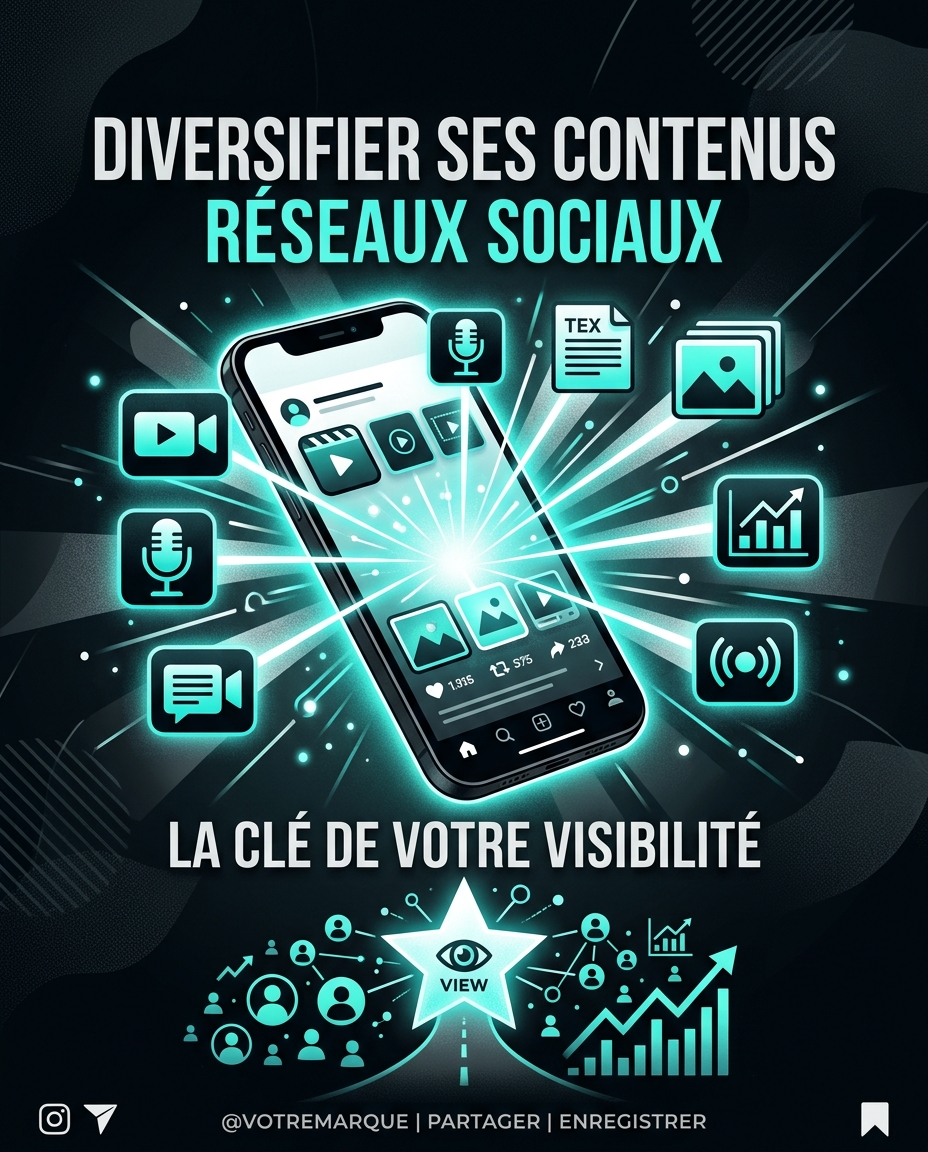 Une infographie élégante dans un style néon bleu-vert et noir, montrant un smartphone rayonnant d'icônes de différents types de contenu (vidéo, podcast, texte, graphique), avec le texte "DIVERSIFIER SES CONTENUS RÉSEAUX SOCIAUX : LA CLÉ DE VOTRE VISIBILITÉ" en haut et en bas. Pour l'article rédigé par Céline GANA