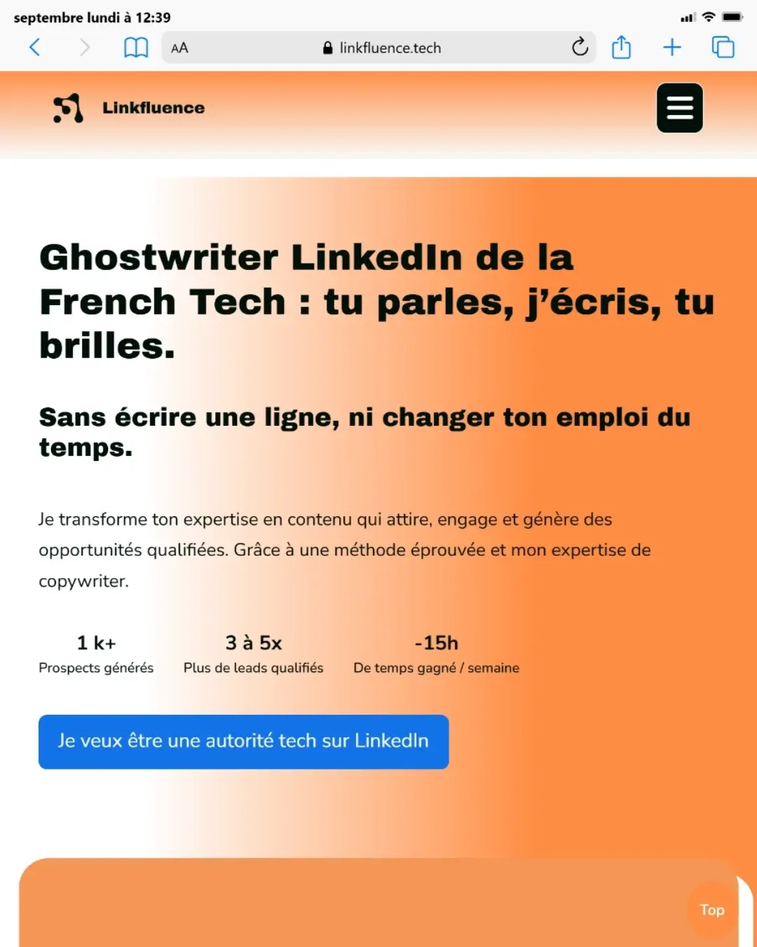 LinkFluence - Section Hero page d'accueil - Tablette - Cas Cliente - refonte de site web réalisé par Céline GANA